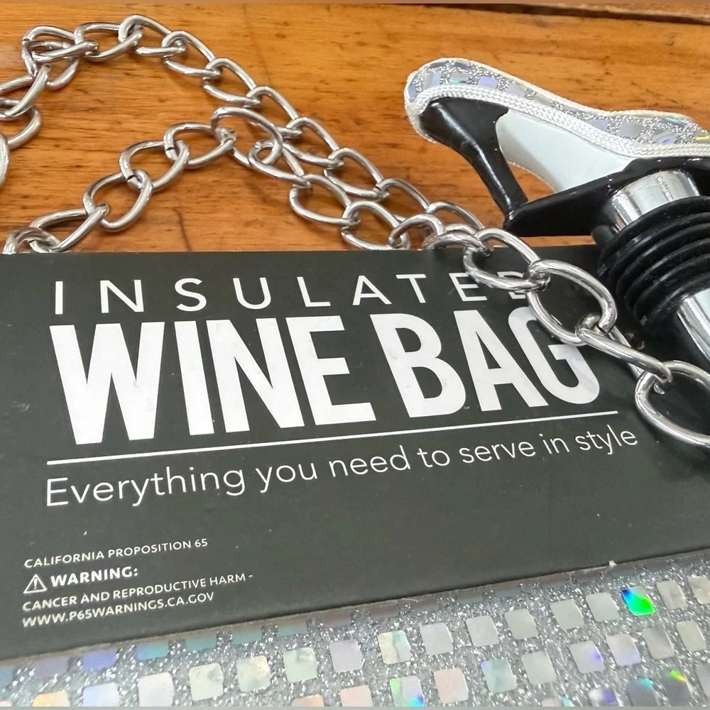 Insulated Silver Sparkle Wine Bag High Heel Bottle Stop Disco Ball Effect